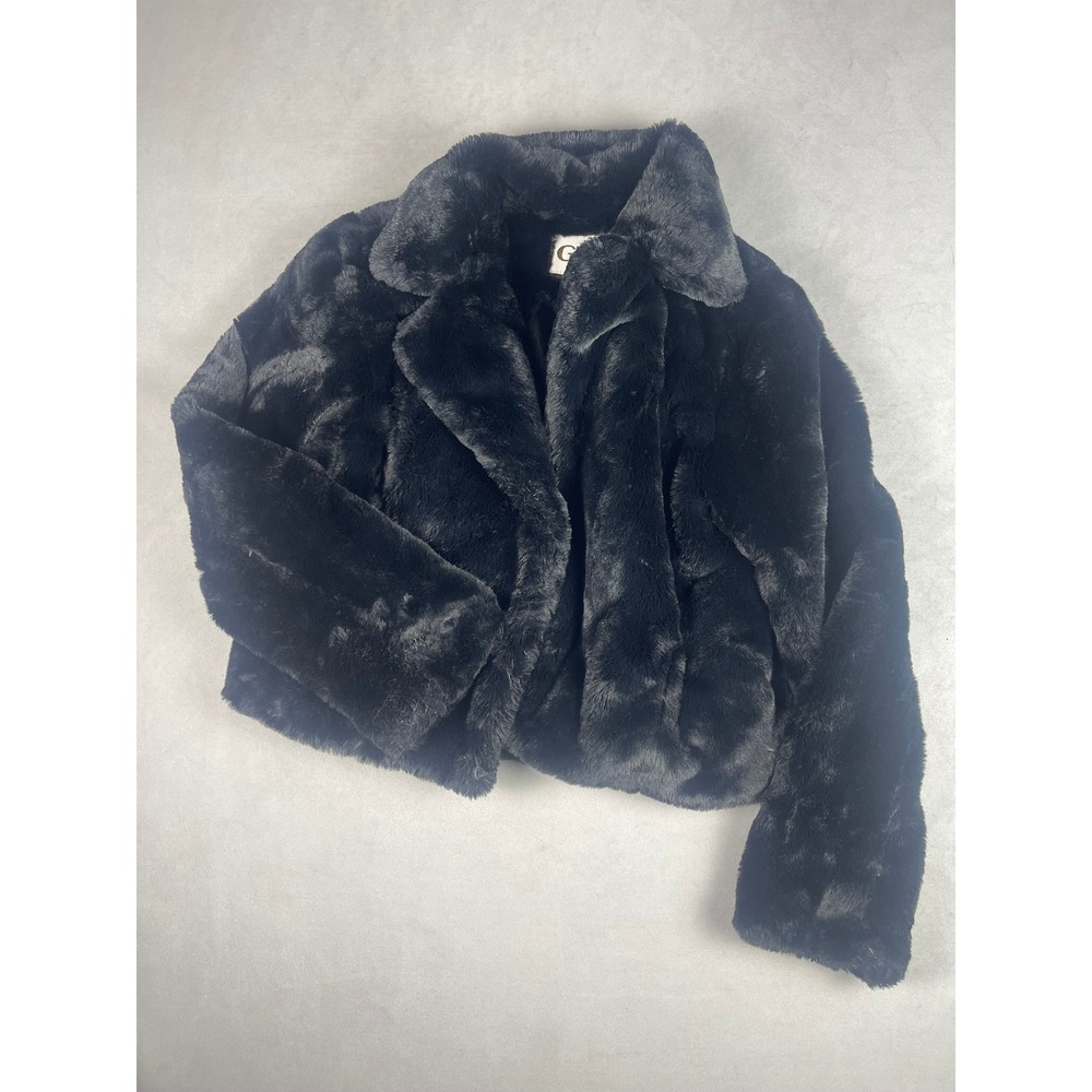 GB Girls Black Faux Fur Jacket Cropped Notched Collar Coat Size 10/12 Kids L